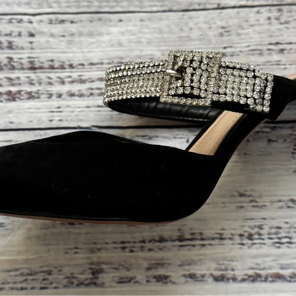 Schutz Tishara Rhinestone Buckle Mule Heels Black Suede Pointed Toe Size 7.5 - Picture 6 of 7